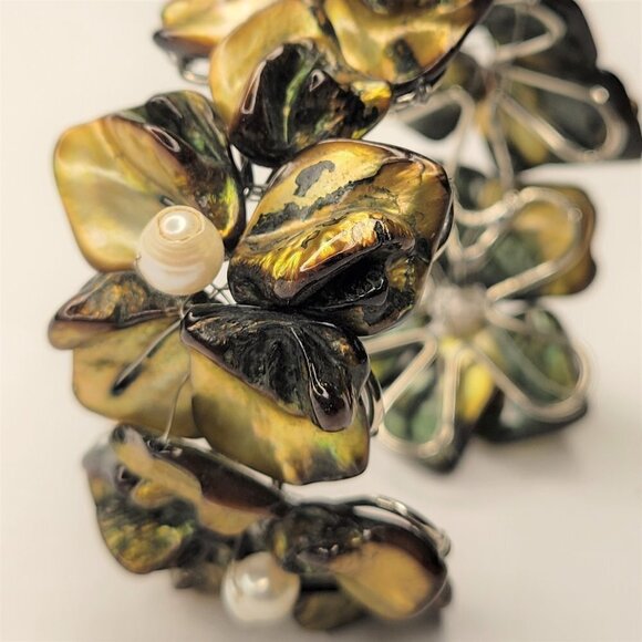 Olive Green Cuff Pearl Adjustable Cuff Bangle Bracelet- NEW - Picture 6 of 10